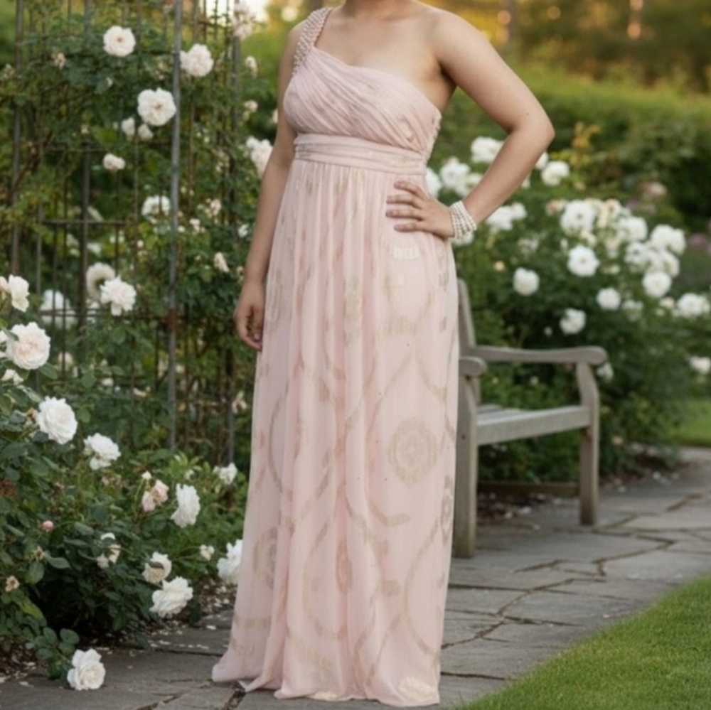 City Triangles Blush Pink One Shoulder Gown With Pearl & Gold Metallic Details